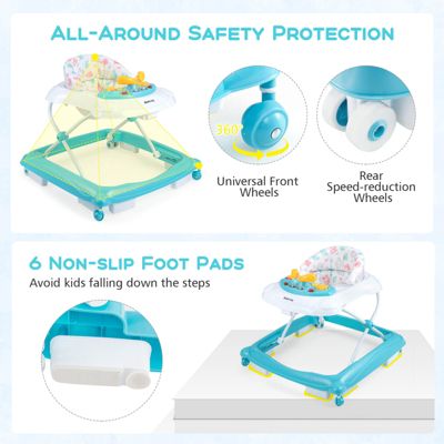 Foldable Baby Walker with 3 Adjustable Heights Comfy Padded Seat Music Tray