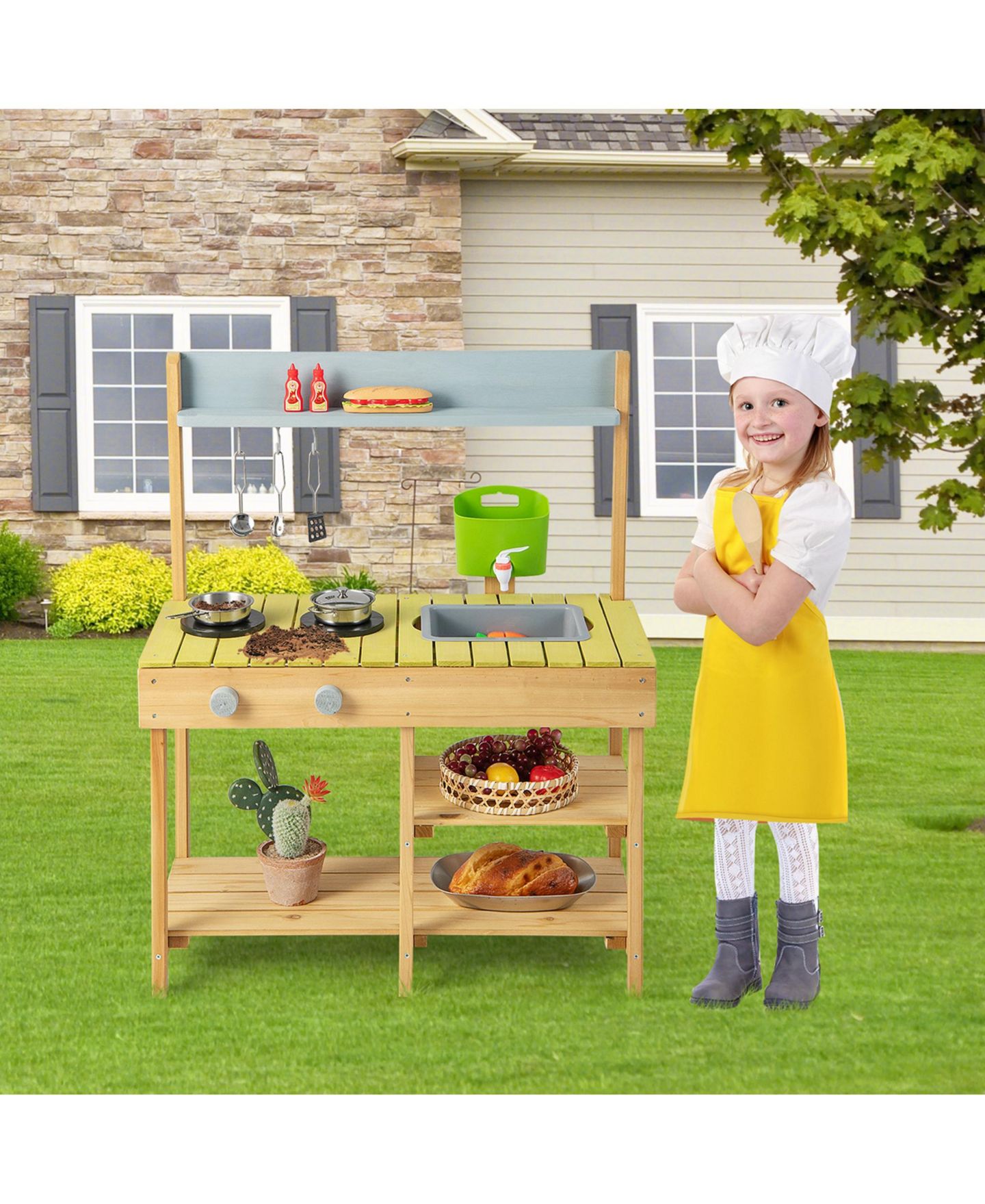 Детская игрушка Costway Removable Water Box Wooden Outdoor Mud Kitchen, 1-Piece, от 3 лет, цвет: Натуральный — фото 8