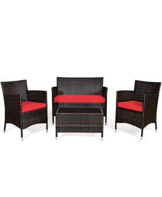 4PCS Patio Furniture Set Rattan Conversation Set W/ Tempered Glass Coffee Table