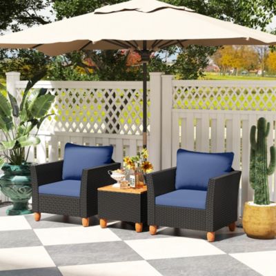3PCS Patio Rattan Furniture Set Cushioned Sofa Storage Table with Wood Top