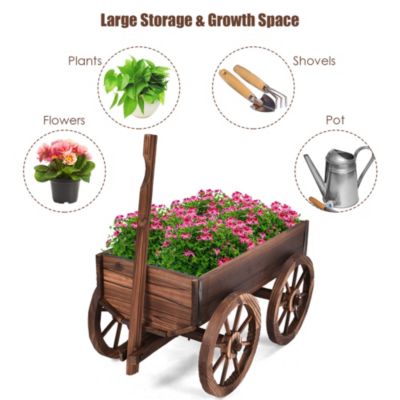 Wood Wagon Flower Planter Pot Stand With Wheels