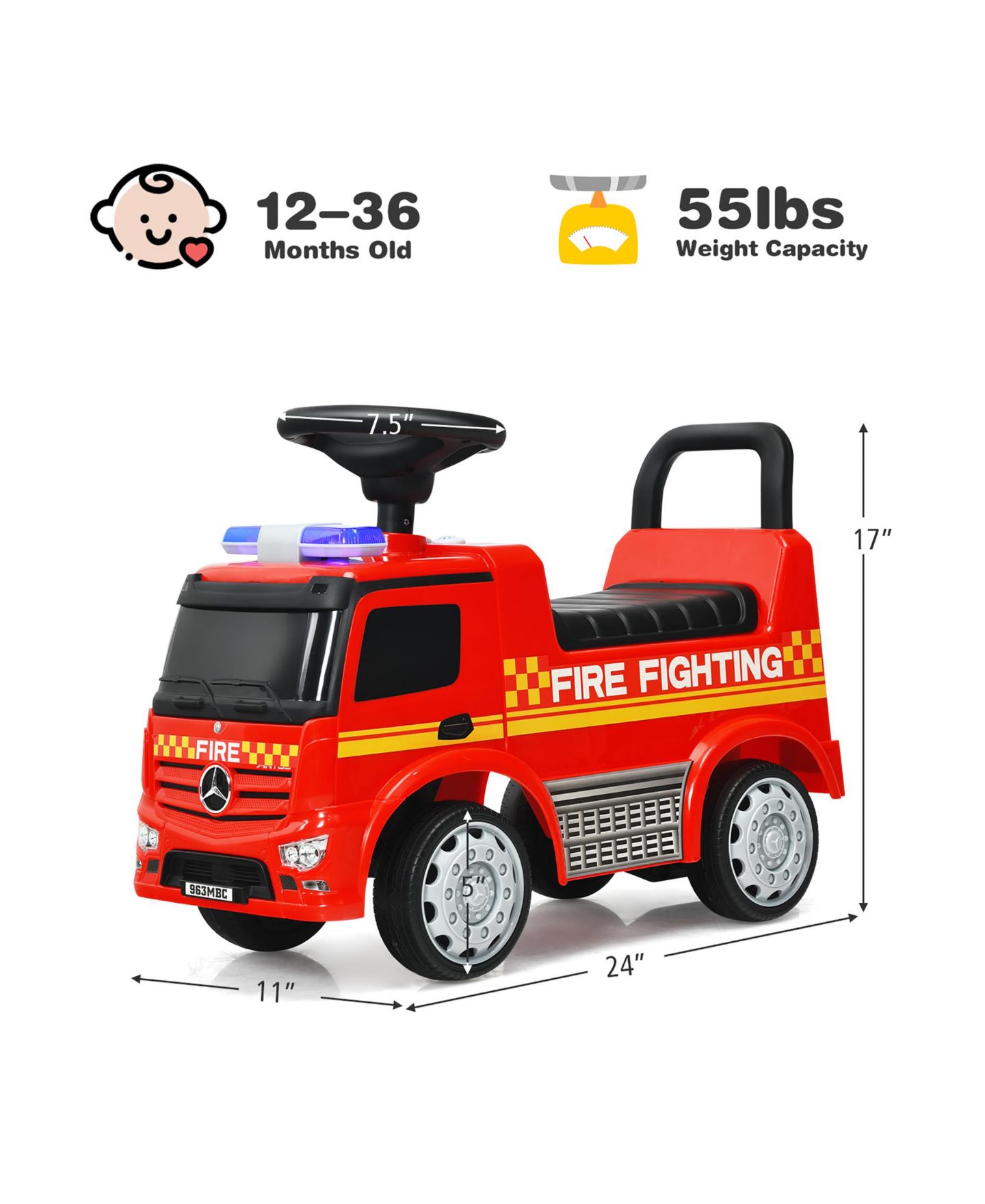 Детская игрушка Costway Fire Engine Licensed Mercedes Benz Ride-On with Warning Lights and Sounds, Ages 12-36 Months, цвет: Красный — фото 4