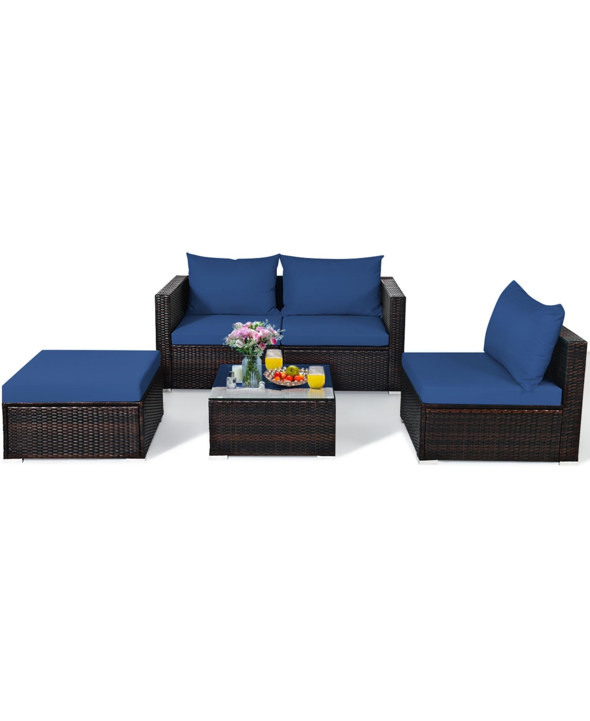 Gymax 5PCS Cushioned Rattan Patio Conversation Set w/ Ottoman Navy Cushion - Navy+brown