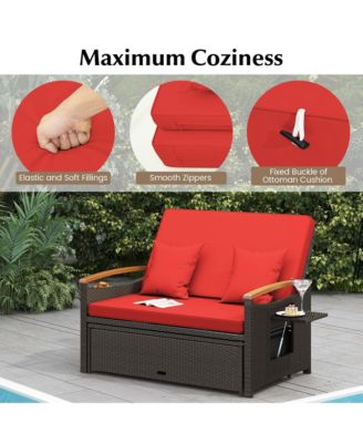 Patio Rattan Daybed Set with Cushioned Loveseat & Storage Ottoman for Porch