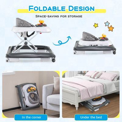 Foldable Baby Walker with 3 Adjustable Heights Comfy Padded Seat Music Tray