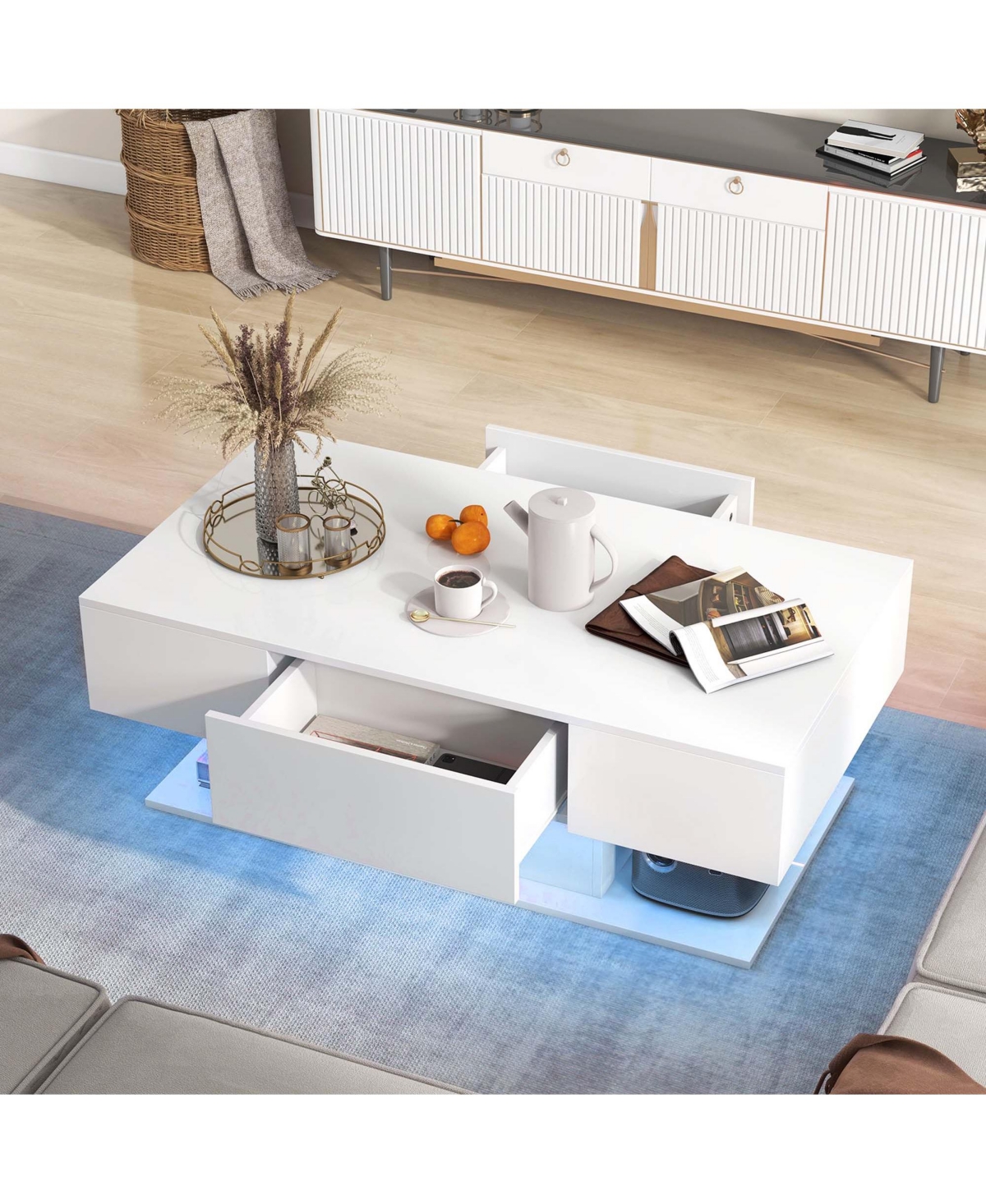 Costway Led Coffee Table with 2 Drawers 20-Color Dimmable Led Lights & Remote Control