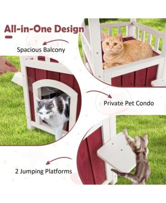 Outdoor Cat House 2-Story Wooden Cat Shelter with Asphalt Roof Removable Floor