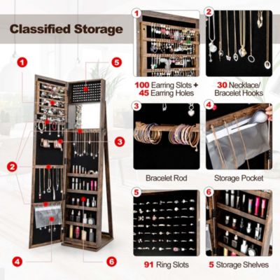 Mirrored Jewelry Cabinet Armoire Lockable Standing Storage Organizer with Shelf