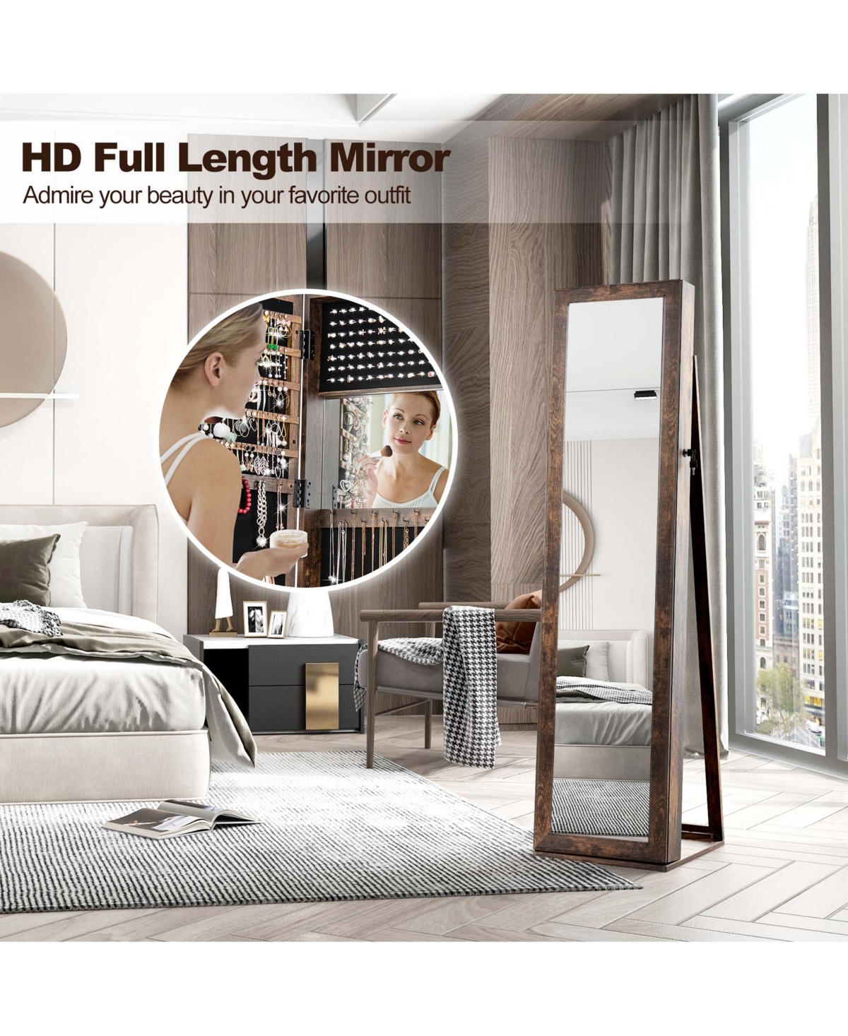 Costway Mirrored Jewelry Cabinet Armoire Lockable Standing Storage Organizer with Shelf