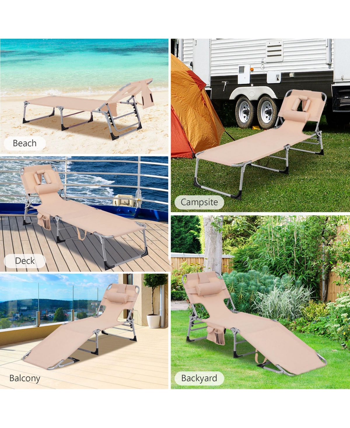 Outdoor Beach Lounge Chair Folding Chaise Lounge with Pillow