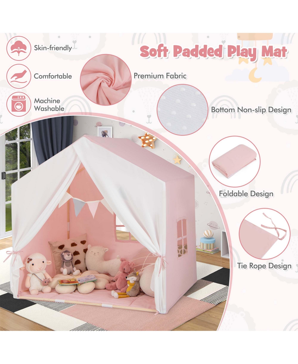 Kid's Play Tent Toddler Playhouse Castle Solid Wood Frame with Washable Mat