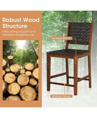 Woven Bar Stools Set of 2 Counter Height Dining Chairs Faux PU Leather Kitchen