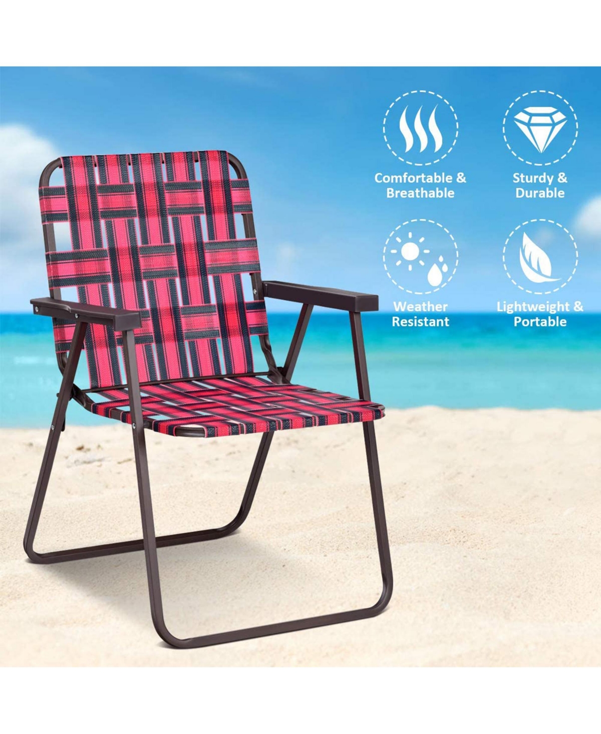Gymax Set of 6 Patio Folding Web Chair Set Portable Beach Camping Chair- Red