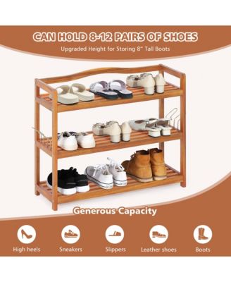 3-Tier Wood Shoe Rack Solid Acacia Wood Shoe Shelf with Side Metal Hooks