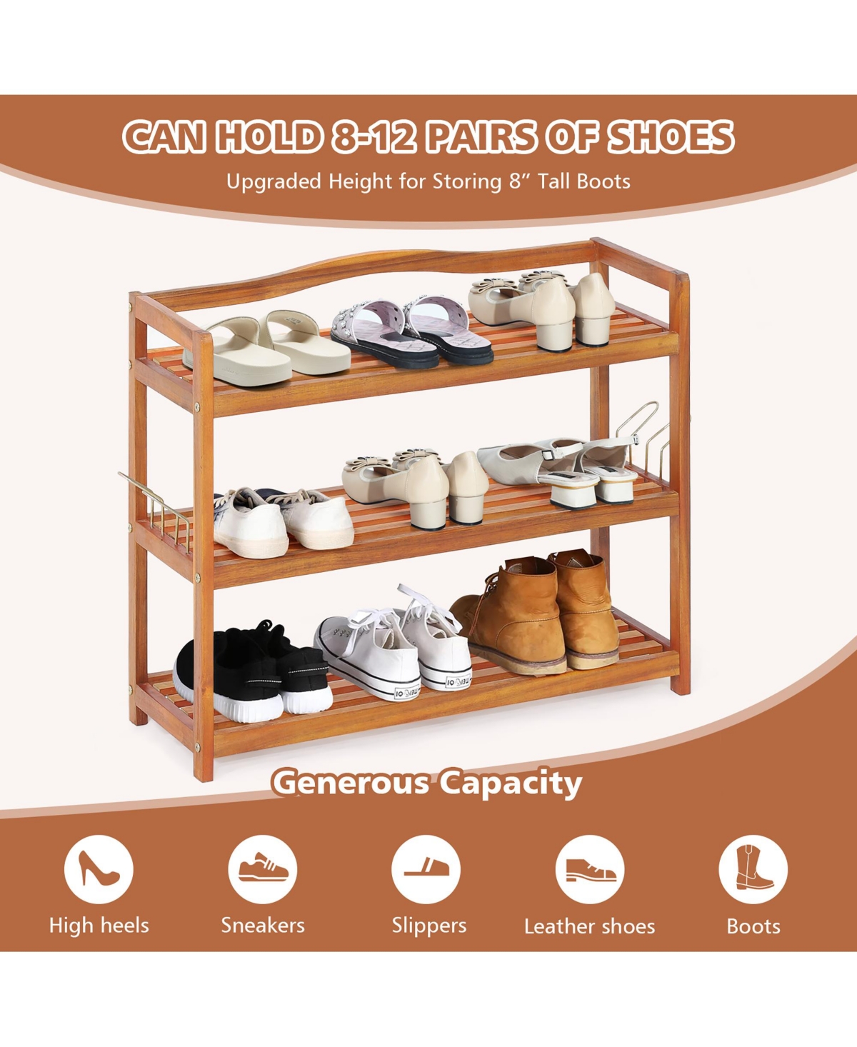Costway 3-Tier Wood Shoe Rack Solid Acacia Wood Shoe Shelf with Side Metal Hooks