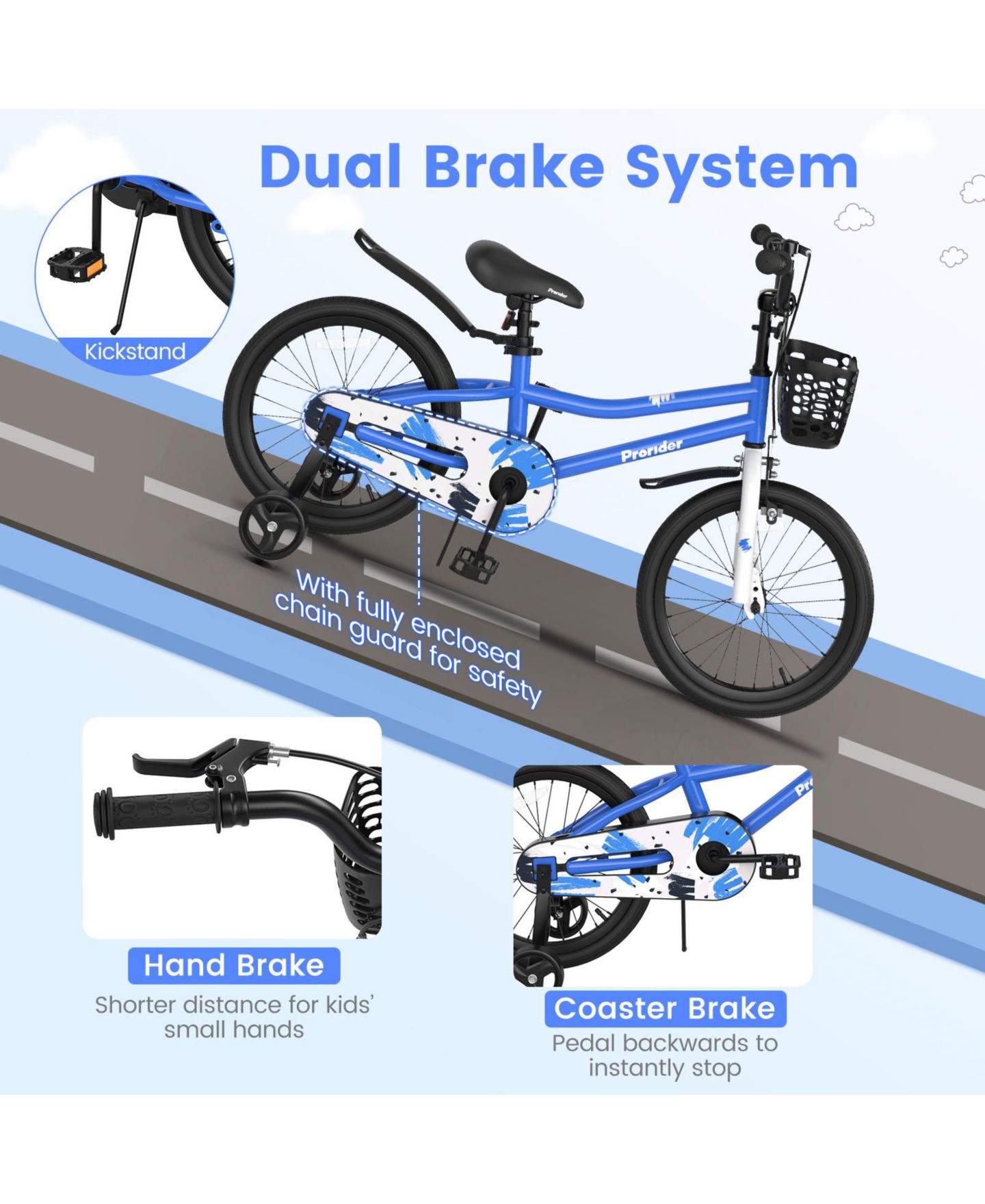 Детская игрушка Costway 18-Inch Kids' Bike with Adjustable Handlebar & Saddle, Removable Training Wheels, 4–8 лет, цвет: Синий — фото 4