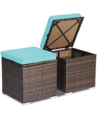 2PCS Patio Rattan Ottomans Seat Side Table Storage Box Footstool with Cushion