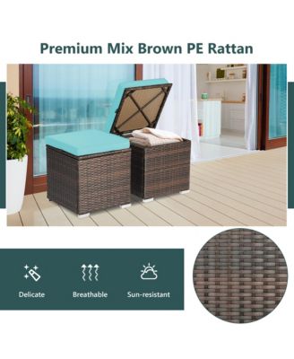 2PCS Patio Rattan Ottomans Seat Side Table Storage Box Footstool with Cushion