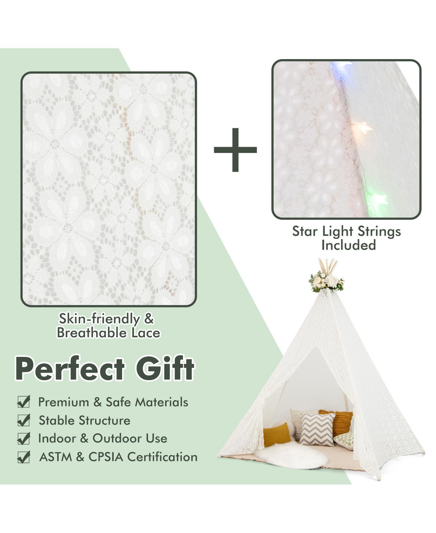 Детская игрушка Costway 5-Sided Lace Play Tent With Light Strings, Ages 3+, цвет: Белый — фото 6