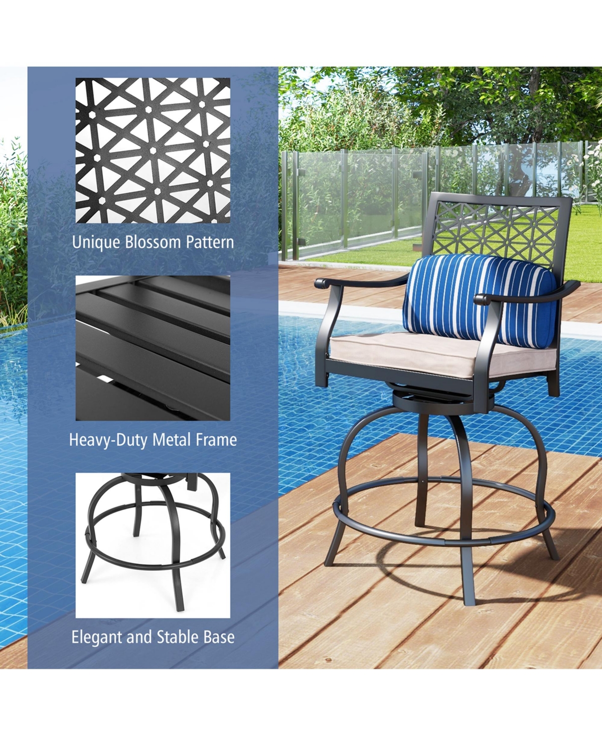 Costway Set of 2 Patio Swivel Bar Stool Chairs Cushioned Pillow