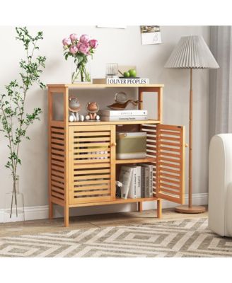 Bamboo Floor Cabinet Bathroom Storage Cabinet Storage Organizer w/ Shutter Doors