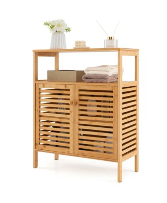 Bamboo Floor Cabinet Bathroom Storage Cabinet Storage Organizer w/ Shutter Doors