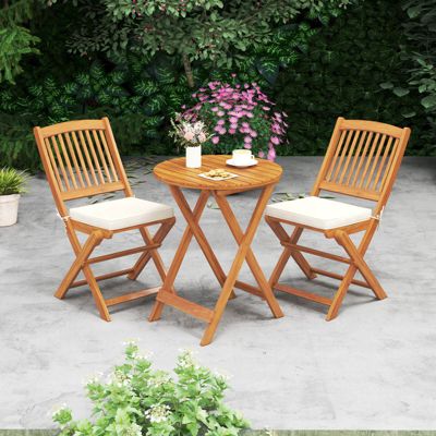 3PCS Patio Folding Wooden Bistro Set Cushioned Chair Conversation Garden