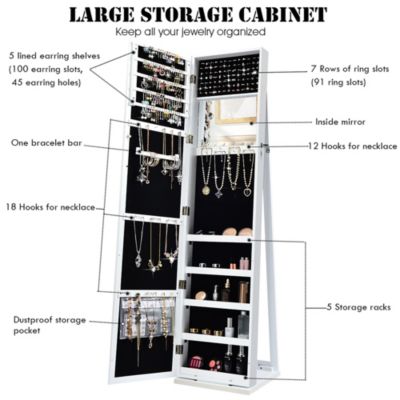 Mirrored Jewelry Cabinet Lockable Standing Storage Organizer W/ Shelf