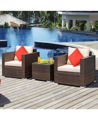 3PCS Patio Rattan Outdoor Furniture Set w/ Cushioned Sofa Coffee Table