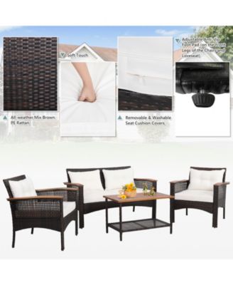 4PCS Rattan Patio Furniture Set Acacia Wood Outdoor Conversation Set w/ Cushions