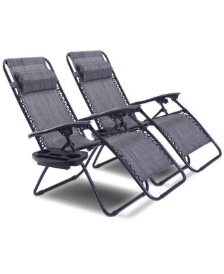 2PC Folding Zero Gravity Reclining Lounge Chairs Beach Patio W/Utility Tray