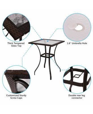 Outdoor Patio Rattan Wicker Bar Square Table Glass Top Yard