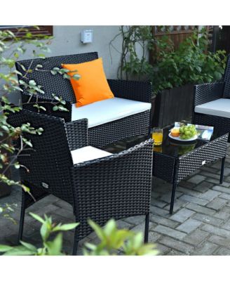 4PCS Patio Rattan Furniture Set Cushioned Sofa Coffee Table