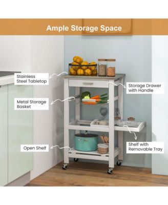 Stainless Steel Top Compact Rolling Kitchen Cart with Basket and Storage
