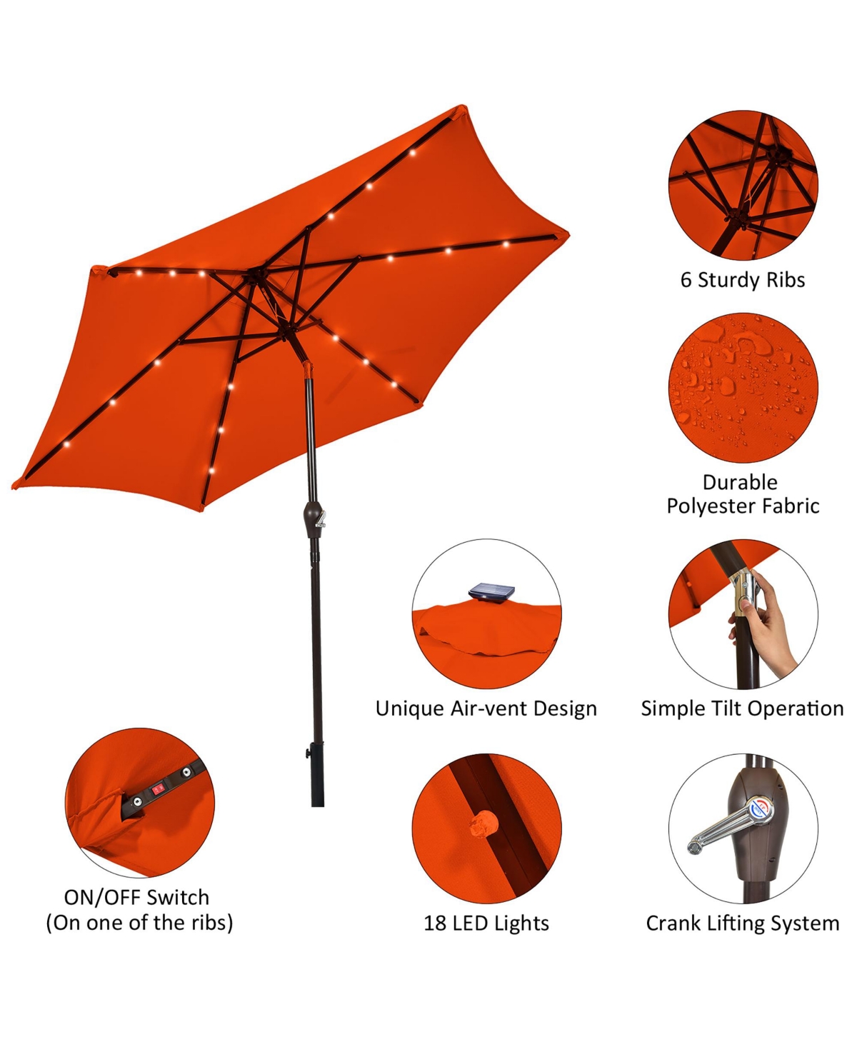 Costway Solar Led Lighted Patio Market Umbrella Tilt Adjustment Crank Lift