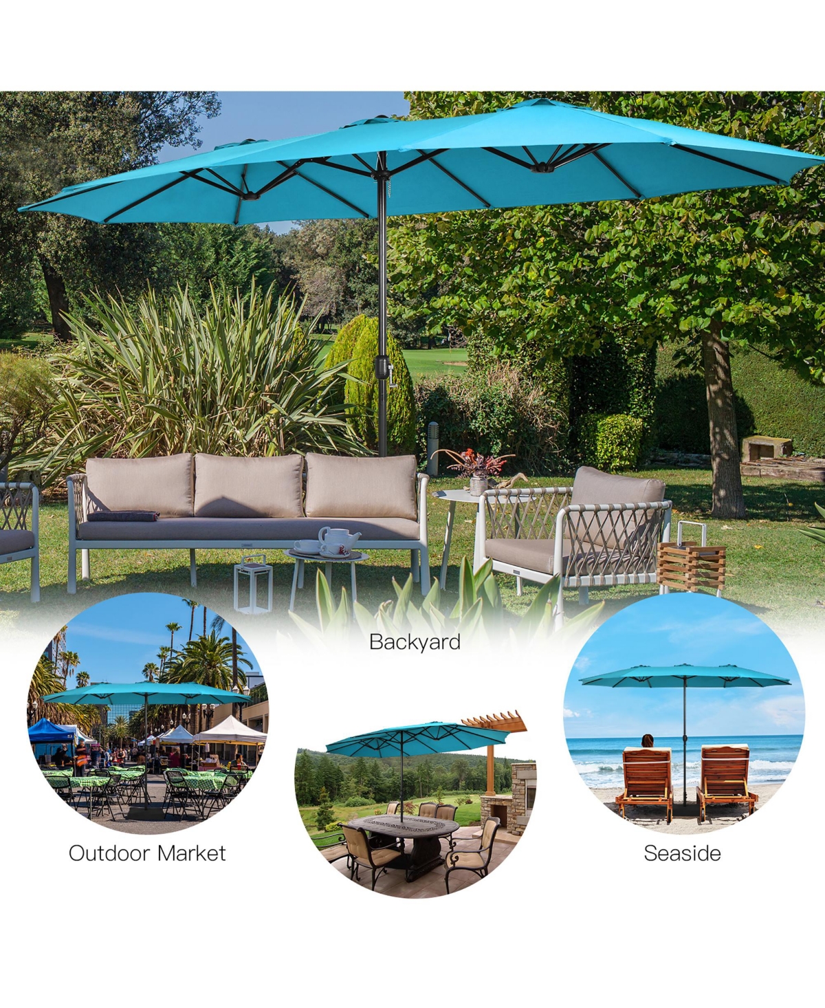 Costway 15FT Double-Sided Twin Patio Umbrella Outdoor Market W/ Crank & Base -Aqua