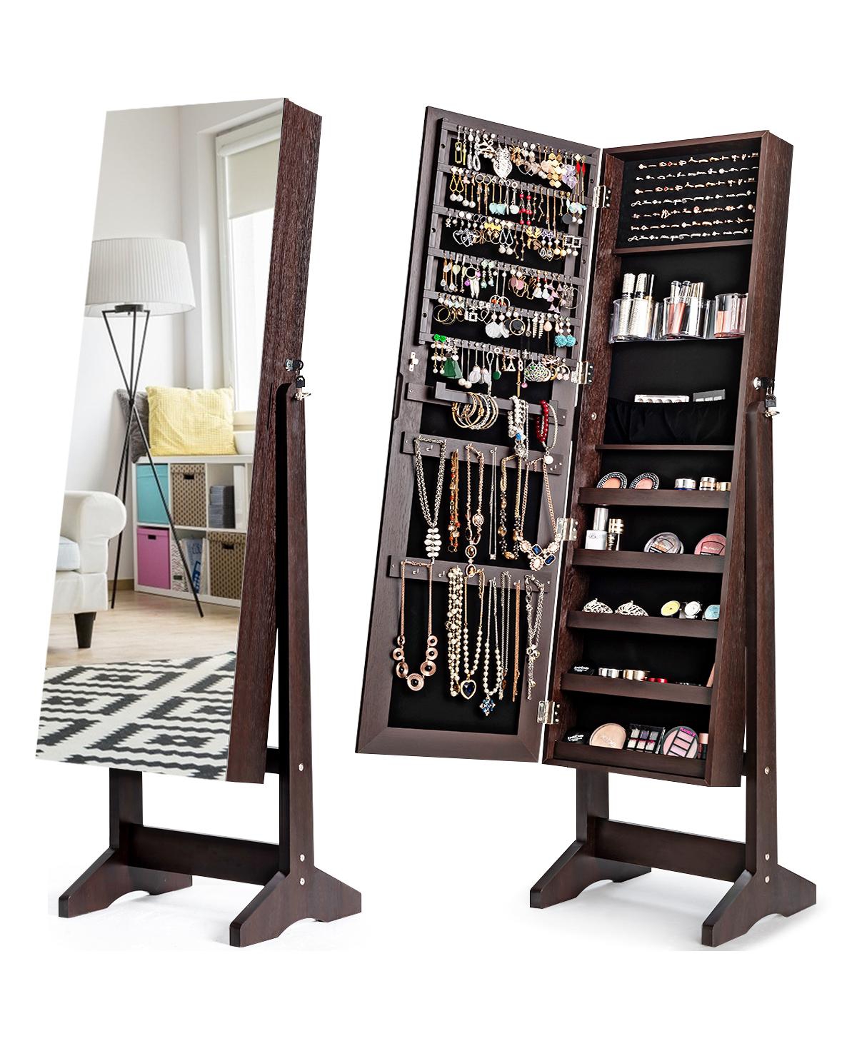 Costway Jewelry Cabinet Stand Armoire Box Lockable Organizer w/ Full Screen Mirror
