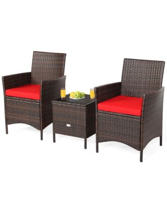 3PCS Patio Rattan Furniture Set Cushioned Sofa Glass Tabletop Deck