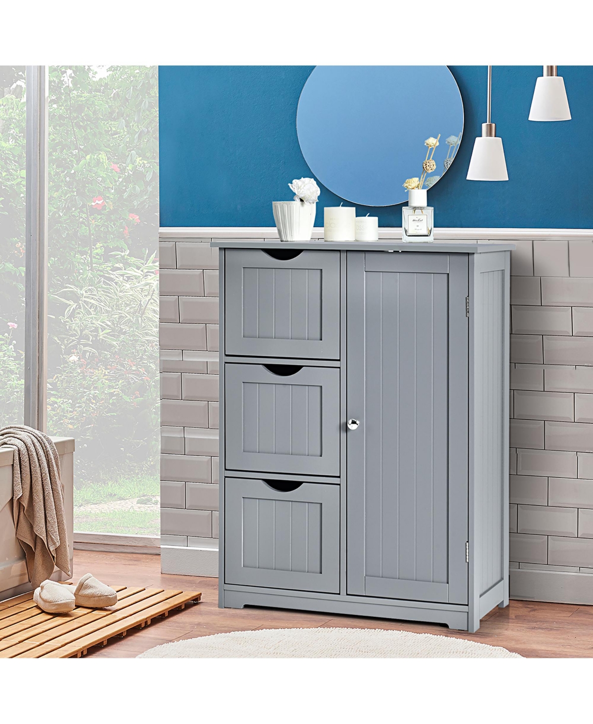 Costway Bathroom Floor Cabinet Side Storage Cabinet with 3 Drawers and 1 Cupboard