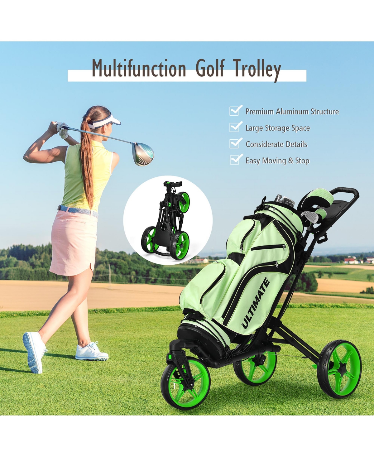 Costway Folding Golf Push Cart W/Scoreboard Adjustable Handle Swivel Wheel