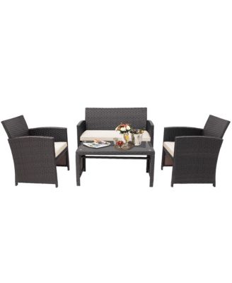 4PCS Patio Rattan Furniture Set Cushioned Chair Sofa Coffee Table