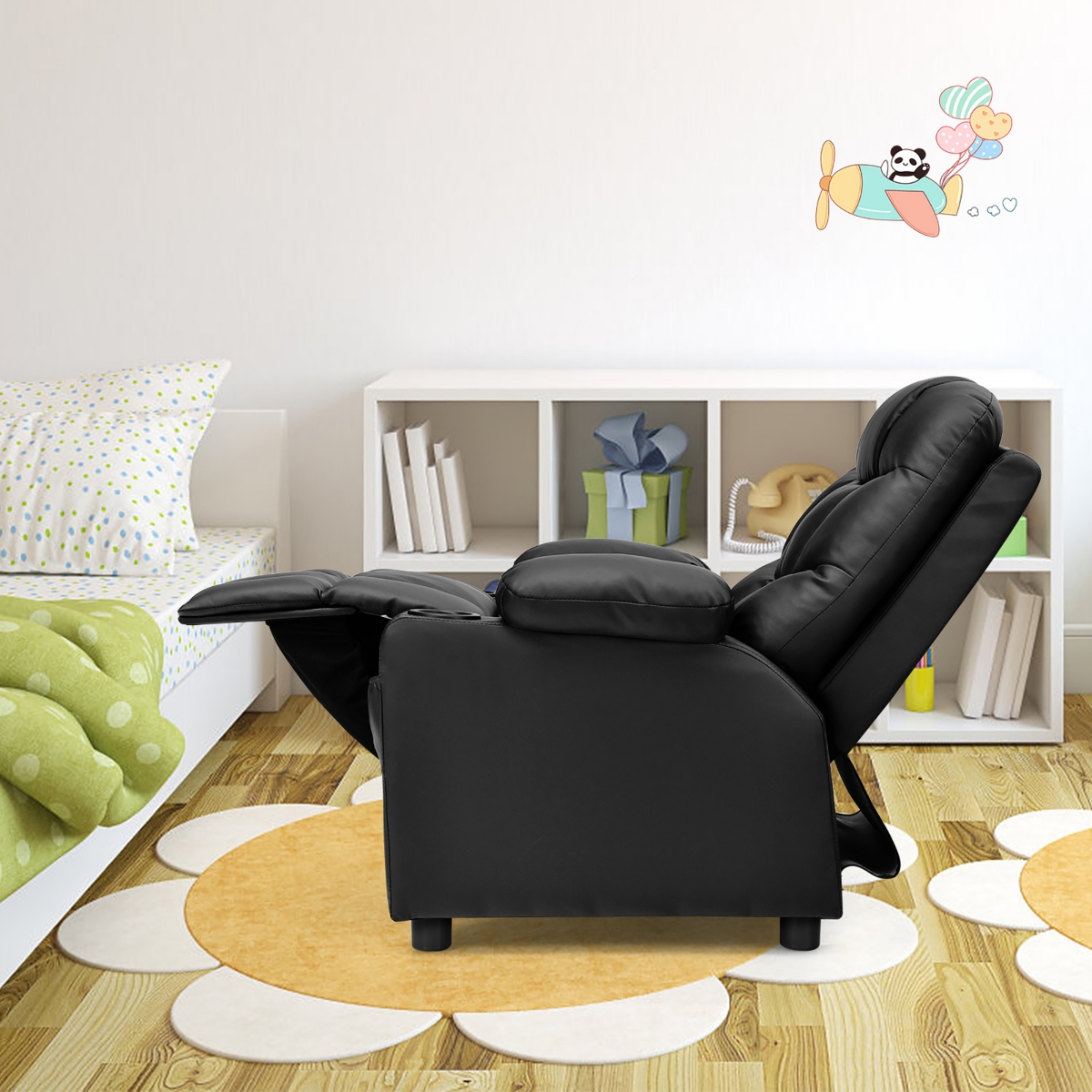 Costway Kids Youth Recliner Chair Pu Leather w/Cup Holders & Side Pockets