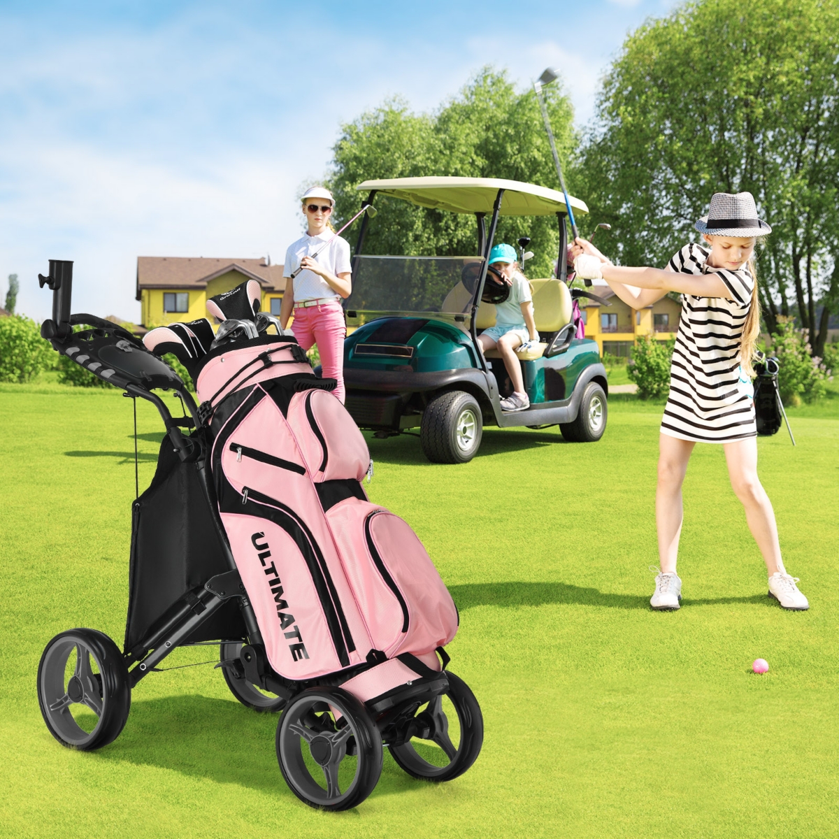 Costway Folding 4 Wheels Golf Push Cart W/Bag Scoreboard Adjustable Handle