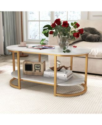 White Marble Coffee Table Modern 2-Tier Center Table with Open Storage Shelf