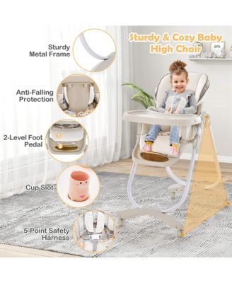 Toddler High Chair with Wheel Folding Dining Chair Adjustable Height & Recline
