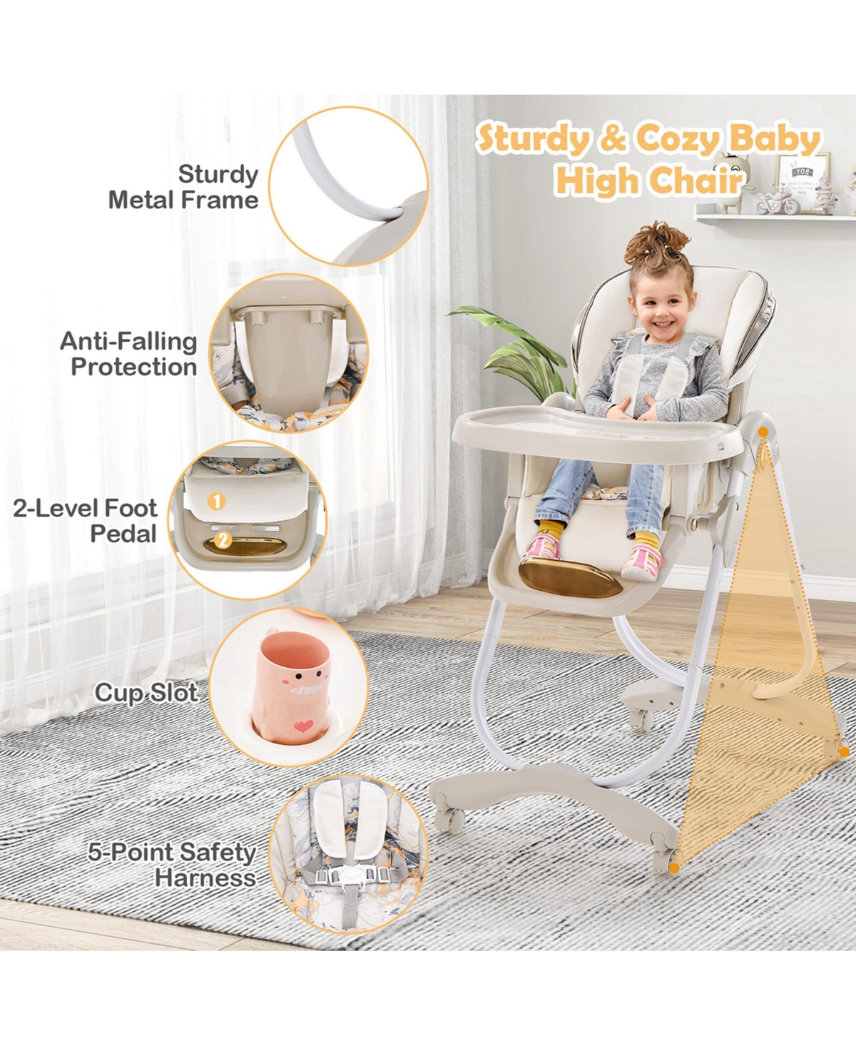 Costway Toddler High Chair with Wheel Folding Dining Chair Adjustable Height & Recline -khaki
