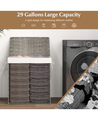 Hand-woven Rattan Laundry Hamper with Lid Removable Liner Bag 29-Gallon 2-Section
