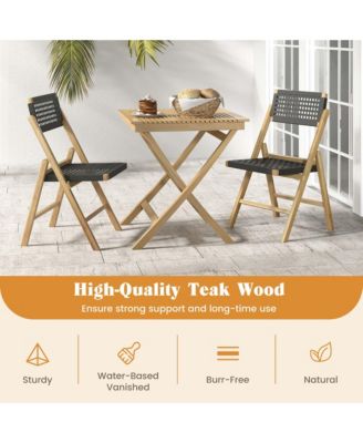 2 Piece Patio Folding Chairs with Woven Rope Seat & High Back Teak Wood for Porch