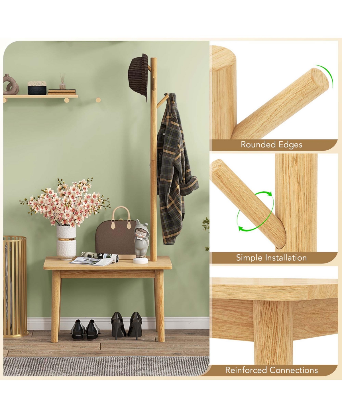 Costway End Table with Coat Rack 2-in-1 Side Table 3 Hooks for Hats Bags Coats Freestanding