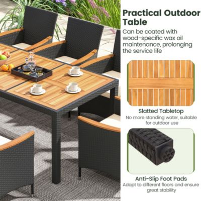 9 PCS Outdoor Dining Set with Acacia Wood Tabletop, Umbrella Hole, Seat Cushions